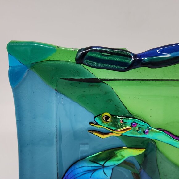Handmade Fused Glass Plate Iridescent Colorful Frog Leaf Design Christine Moody - Picture 7 of 12